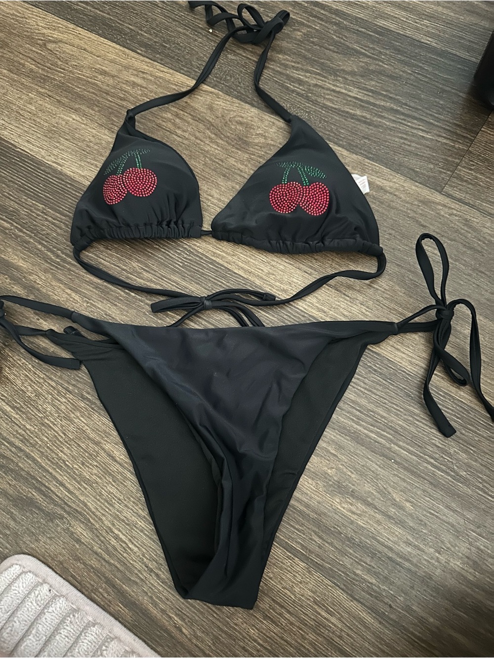 Black Rhinestone Cherry Bikini Set
